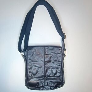 Fossil Vintage Black Glazed Leather Crossbody Messenger Bag — Unisex